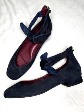 Ono Hosta Square Toe Dark Blue Suede Ankle Bow Tie Low Heel Ballet Flats 10